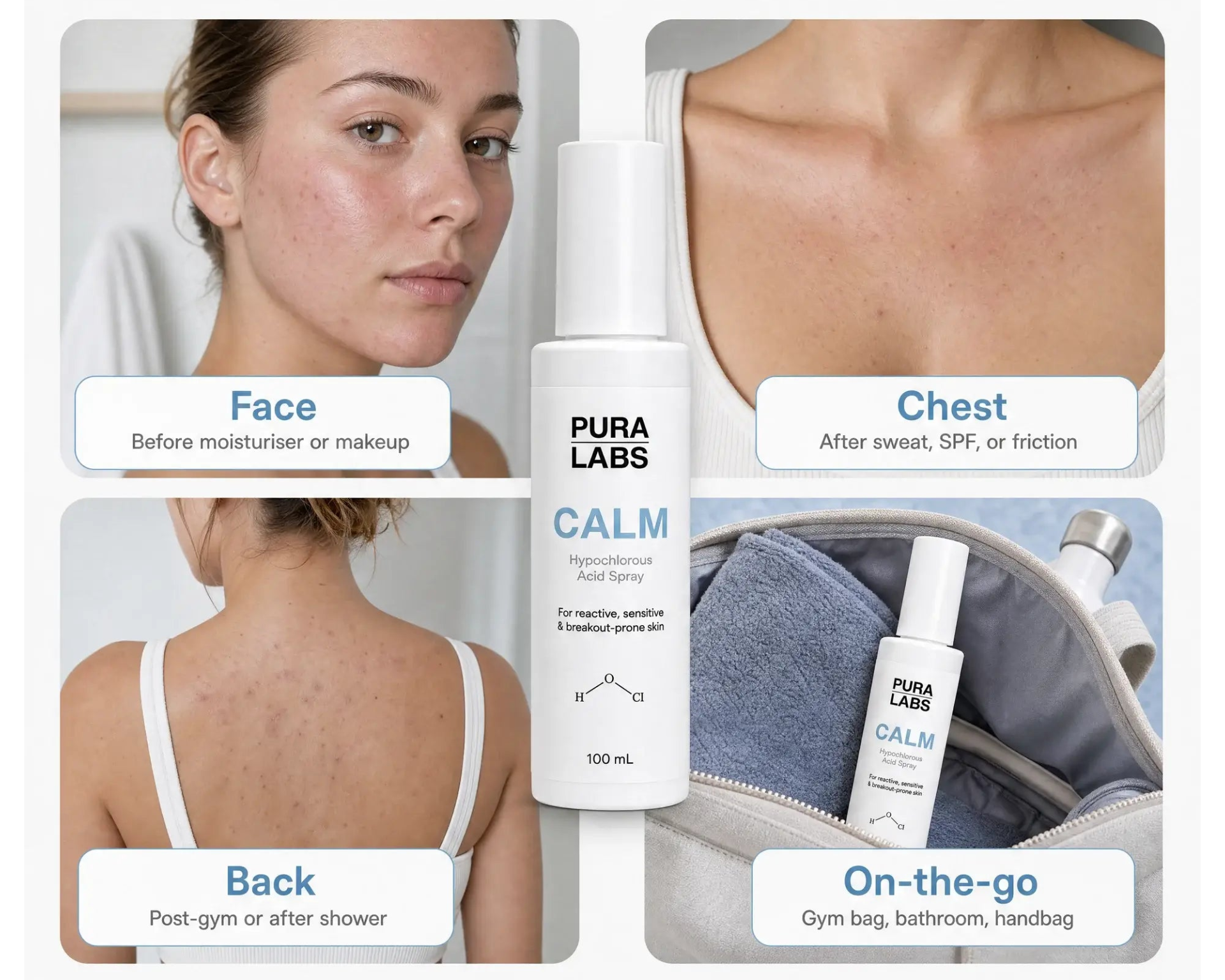 Pura Labs Calm product packaging with usage instructions on face, chest, back, and body.