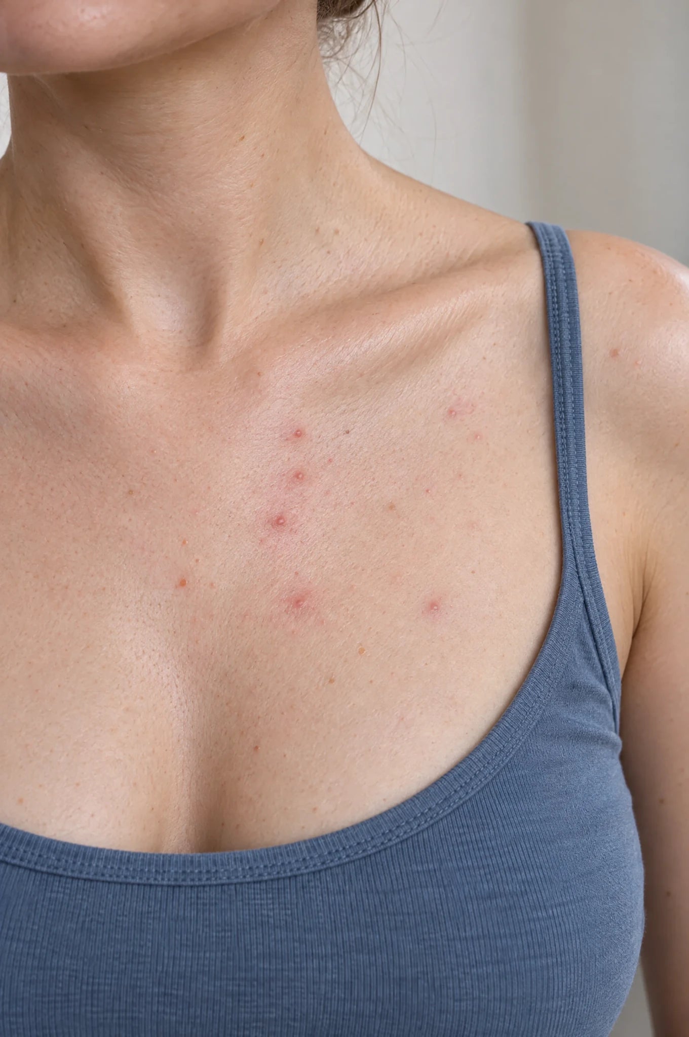 Upper chest and shoulder with visible blemishes